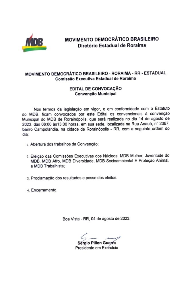 Edital de Convocação de Convenção dos Núcleos Municipais de Rorainópolis