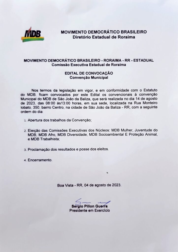 Edital de Convocação da Convenção Municipal dos Núcleos de São João da Baliza