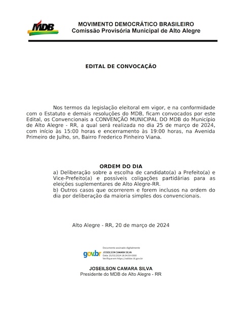 Edital convocação convenção municipal MDB eleição suplementar Alto Alegre