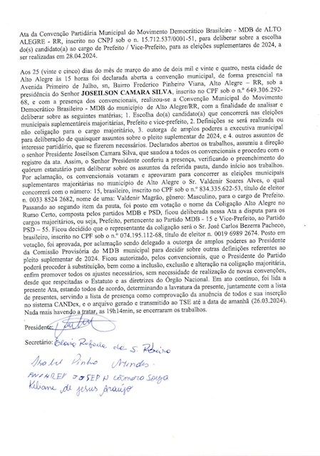 Ata convenção Municipal MDB Alto Alegre - Eleições Suplementares 2024