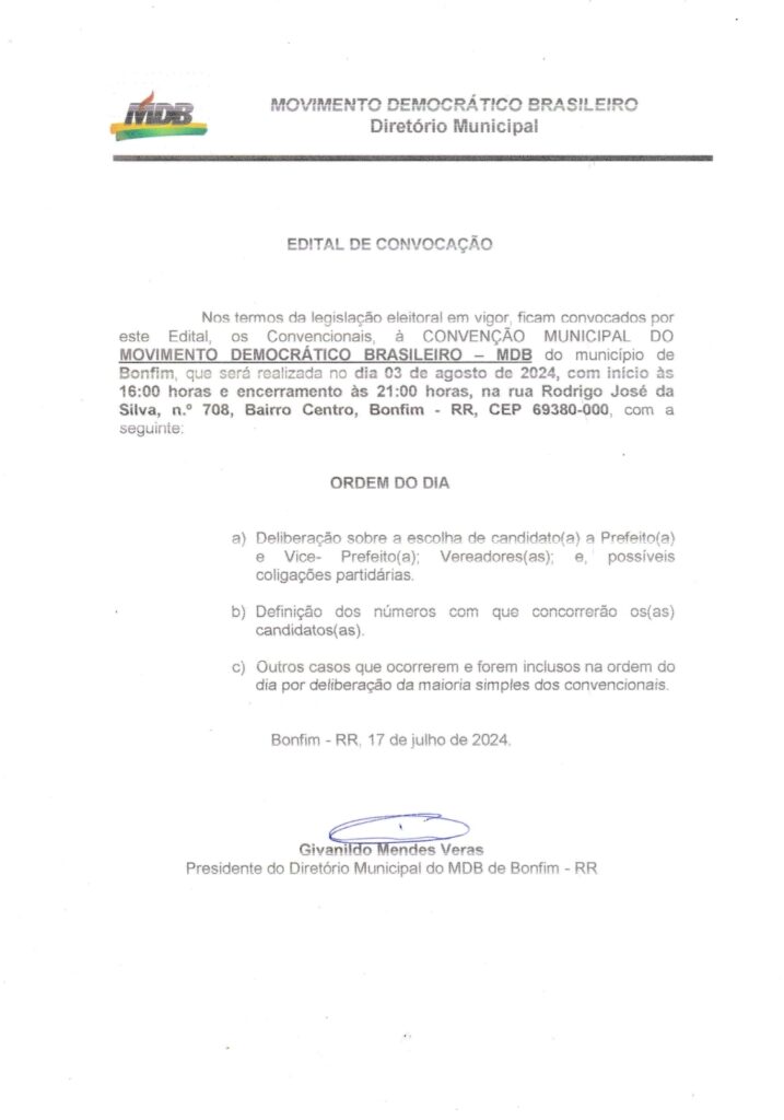 Edital de convocação da convenção municipal do Bonfim MDB 2024