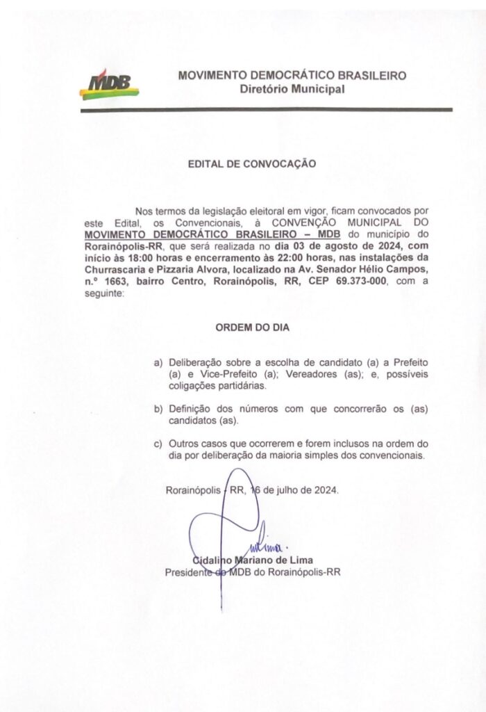 Edital de convocação da convenção munciipal de Rorainópolis 2024